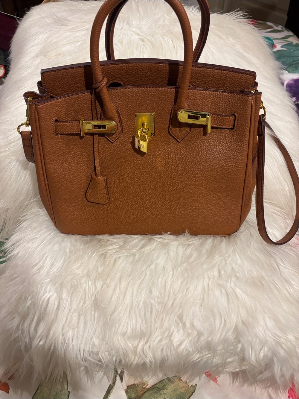 Structured Tan Satchel with Gold-Tone Hardware